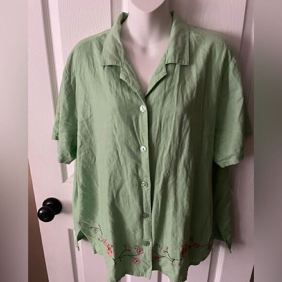 Sag Harbor Womens linen Top lime Green Button Front Short Sleeve Embroidered - Picture 1 of 5